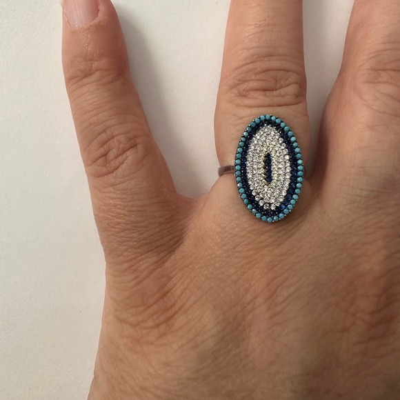 🧿925 Silver evileye set of earrings and ring turquoise and cz stones - Picture 3 of 9